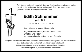 Traueranzeige von Edith Schremmer von Bad Vilbel/Karben