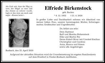 Traueranzeige von Elfriede Birkenstock von Wetterauer Zeitung