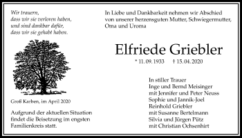 Traueranzeige von Elfriede Griebler von Bad Vilbel/Karben