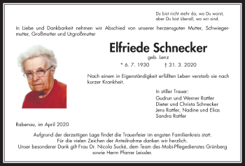 Traueranzeige von Elfriede Schnecker von Alsfelder Allgemeine, Giessener Allgemeine