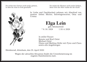 Traueranzeige von Elga Lein von Alsfelder Allgemeine