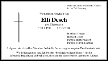Traueranzeige von Elli Desch von Licher Wochenblatt