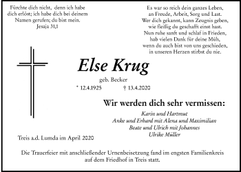 Traueranzeige von Else Krug von Giessener Allgemeine, Alsfelder Allgemeine