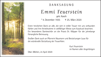 Traueranzeige von Emmi Feuerstein von Wetterauer Zeitung