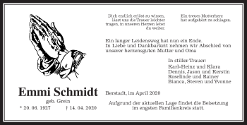 Traueranzeige von Emmi Schmidt von Wetterauer Zeitung