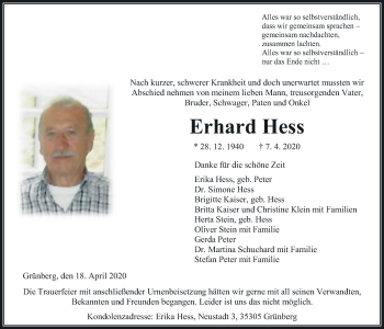 Traueranzeige von Erhard Hess von Giessener Allgemeine, Alsfelder Allgemeine