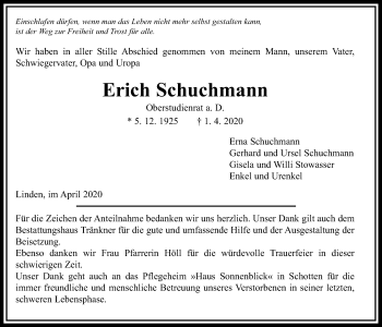 Traueranzeige von Erich Schuchmann von Giessener Allgemeine, Alsfelder Allgemeine