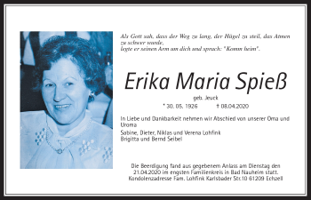 Traueranzeige von Erika Maria Spieß von Wetterauer Zeitung