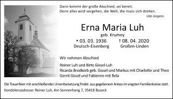 Traueranzeige von Erna Maria Luh von Giessener Allgemeine, Alsfelder Allgemeine