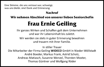 Traueranzeige von Ernie Geiling von Wetterauer Zeitung