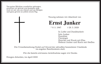 Traueranzeige von Ernst Junker von Giessener Allgemeine, Alsfelder Allgemeine