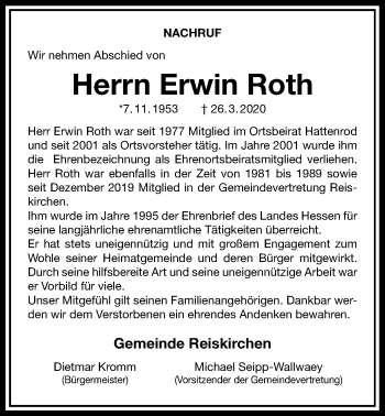 Traueranzeige von Erwin Roth von Reiskirchener Anzeiger