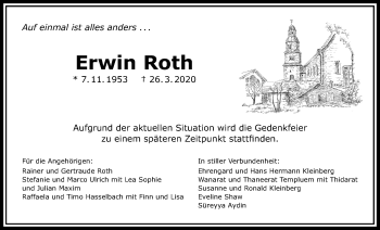 Traueranzeige von Erwin Roth von Reiskirchener Anzeiger