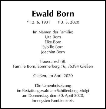 Traueranzeige von Ewald Born von Giessener Allgemeine, Alsfelder Allgemeine