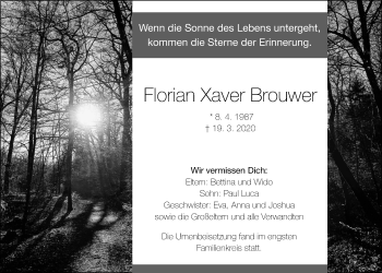 Traueranzeige von Florian Xaver Brouwer von Licher Wochenblatt