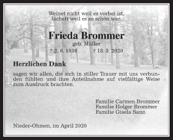 Traueranzeige von Frieda Brommer von Alsfelder Allgemeine