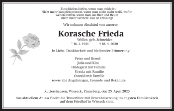 Traueranzeige von Frieda Korasche von Giessener Allgemeine, Alsfelder Allgemeine