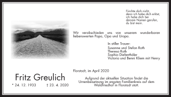 Traueranzeige von Fritz Greulich von Wetterauer Zeitung