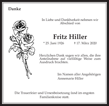 Traueranzeige von Fritz Hiller von Wetterauer Zeitung