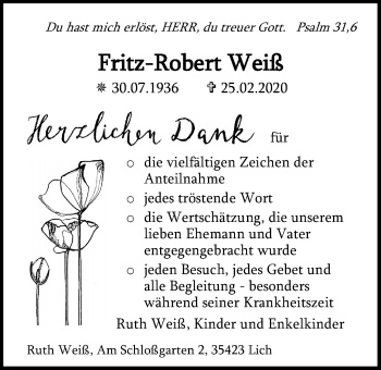 Traueranzeige von Fritz-Robert Weiß von Giessener Allgemeine, Alsfelder Allgemeine