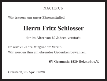 Traueranzeige von Fritz Schlosser von Wetterauer Zeitung