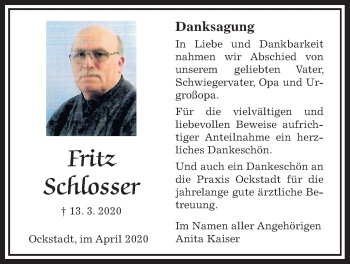 Traueranzeige von Fritz Schlosser von Wetterauer Zeitung