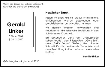 Traueranzeige von Gerald Linker von Giessener Allgemeine, Alsfelder Allgemeine