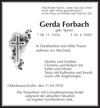 Traueranzeige von Gerda Forbach von Giessener Allgemeine, Alsfelder Allgemeine
