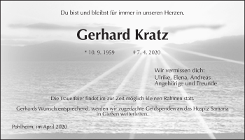 Traueranzeige von Gerhard Kratz von Giessener Allgemeine, Alsfelder Allgemeine