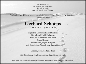 Traueranzeige von Gerhard Schoeps von Giessener Allgemeine, Alsfelder Allgemeine
