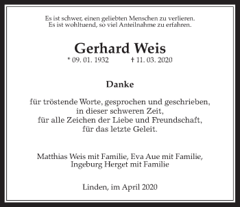 Traueranzeige von Gerhard Weis von Giessener Allgemeine, Alsfelder Allgemeine
