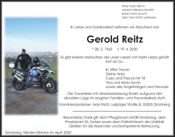 Traueranzeige von Gerold Reitz von Alsfelder Allgemeine