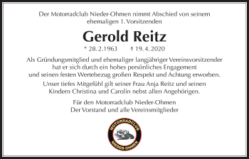 Traueranzeige von Gerold Reitz von Alsfelder Allgemeine