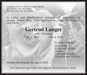 Traueranzeige von Gertrud Langer von Wetterauer Zeitung