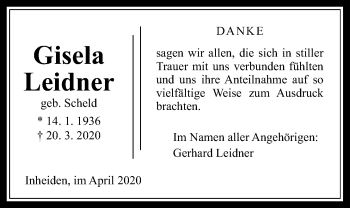 Traueranzeige von Gisela Leidner von Licher Wochenblatt