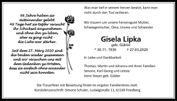 Traueranzeige von Gisela Lipka von Wetterauer Zeitung