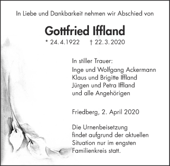 Traueranzeige von Gottfried Iffland von Wetterauer Zeitung