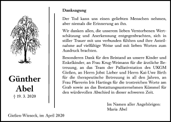 Traueranzeige von Günther Abel von Giessener Allgemeine, Alsfelder Allgemeine