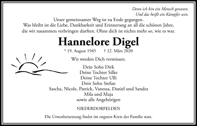 Traueranzeige für Hannelore Digel vom 02.04.2020 aus Bad Vilbel/Karben