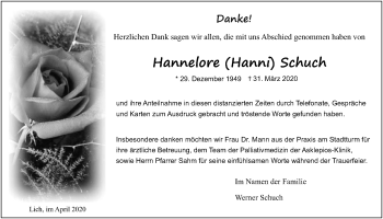 Traueranzeige von Hannelore  Schuch von Licher Wochenblatt