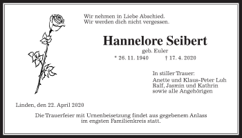 Traueranzeige von Hannelore Seibert von Giessener Allgemeine, Alsfelder Allgemeine