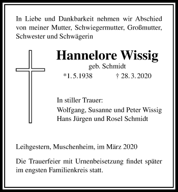 Traueranzeige von Hannelore Wissig von Giessener Allgemeine, Alsfelder Allgemeine