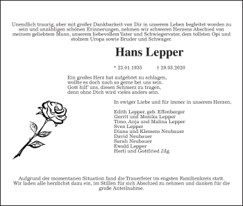 Traueranzeige von Hans Lepper von Giessener Allgemeine, Alsfelder Allgemeine