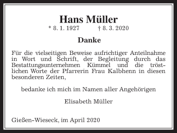 Traueranzeige von Hans Müller von Giessener Allgemeine, Alsfelder Allgemeine