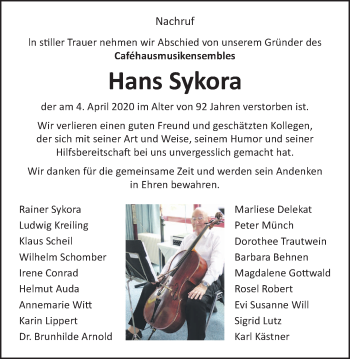 Traueranzeige von Hans Sykora von Giessener Allgemeine, Alsfelder Allgemeine