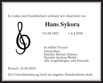 Traueranzeige von Hans Sykora von Giessener Allgemeine, Alsfelder Allgemeine