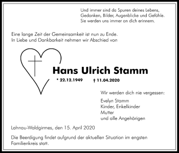 Traueranzeige von Hans Ulrich Stamm von Giessener Allgemeine, Alsfelder Allgemeine