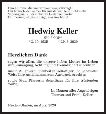Traueranzeige von Hedwig Keller von Mücker Stimme