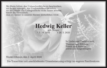 Traueranzeige von Hedwig Keller von Alsfelder Allgemeine, Mücker Stimme