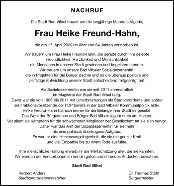 Traueranzeige von Heike Freund-Hahn von Bad Vilbel/Karben